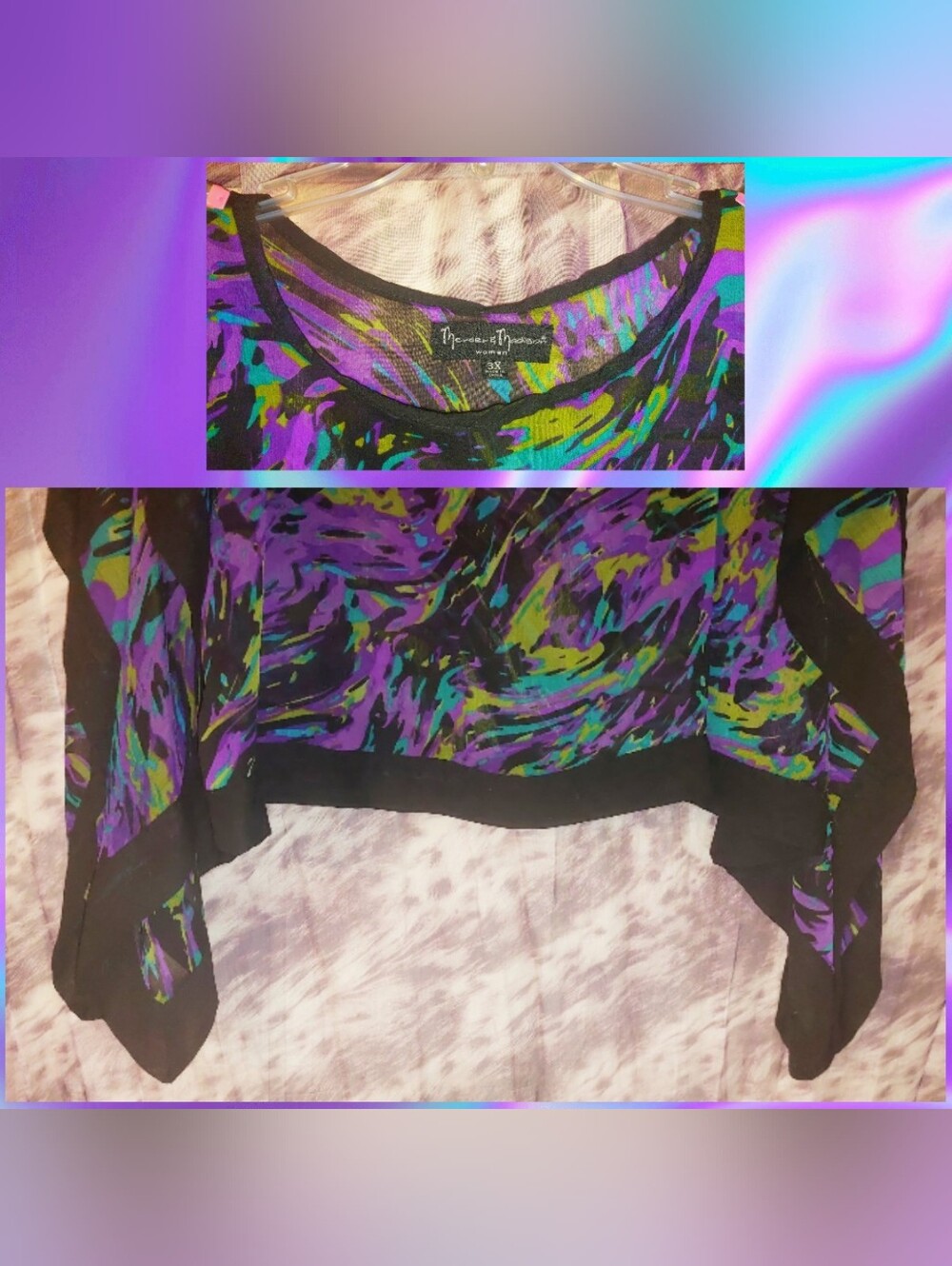 Mercer & Madison Black/Multiclr Abstract Swirls Sheer Woven Poncho Tunic Top 3X - Picture 3 of 7
